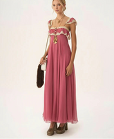 Pink Ruffle Lace Trim Maxi Dress