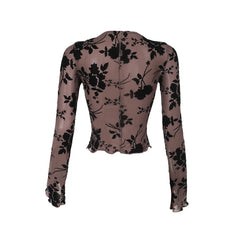 Brown Floral Print Long Sleeve Mesh Top