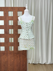 Green Floral Beaded Sequin Corset Top And Mini Skirt Set