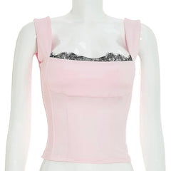 Solid Square Neck Strap Lace Trim Top