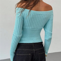Blue Off Shoulder Wrap V-Neck Long Sleeve Ribbed Top