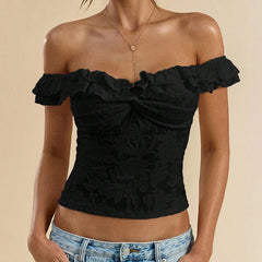 Ruffle Trim Off-Shoulder Sheer Blouse