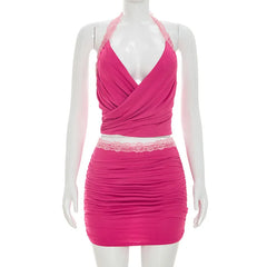 Lace Trim Ruched Drape Crop Top And Mini Skirt Set