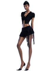Black Mesh Frill 3d Flower Crop Top And Mini Skirt Set