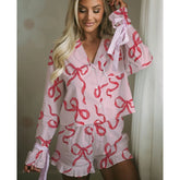 Bow Print Satin Button Up Top And Ruffled Hem Shorts Pajama Set