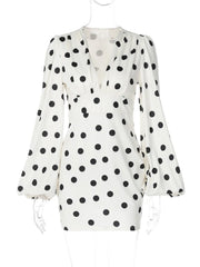 White Long Sleeve Polka Dot Flare Mini Dress