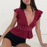 Studded Frill Sleeve Deep V Neck Top