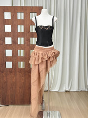 Fishbone Lace-Up Top And Mesh Asymmetrical Skirt Two-Piece Set