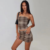 Plaid Tube Top And Mini Pencil Skirt Set