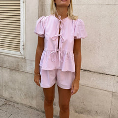 Front Tie Plaid Puff Sleeve Peplum Shirt And Shorts Set