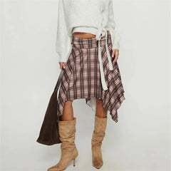 Plaid Irregular Hem Midi Skirt
