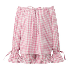 Plaid Off Shoulder Tops And Ruffle Shorts Set