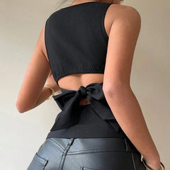 Black Bow Tied Cutout Back Tank Top