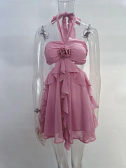 Pink Ruffles Cut Out Halter Rose Mini Dress