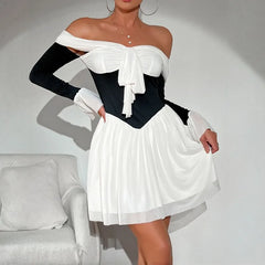 Bow Tie Up Off Shoulder Long Sleeve Short Dress