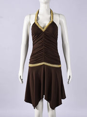 Brown Halter Gold Stripe Patchwork Mini Dress