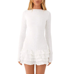 White Tierred Long Sleeve Tie Up Lace Back Mini Dress