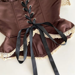 Brown Lace Tie Up Strapless Lace Detail Corset