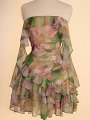 Chiffon Printed Strapless Ruffles Mini Dress