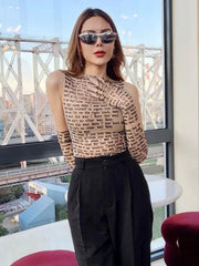 Mesh Letter Printed O-Neck Tank Top With Gloves