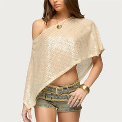 Asymmetric Off Shoulder Sequin Mesh Poncho Top