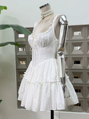White Lace Up Spaghetti Strap Tiered Flared Mini Dress