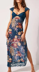 Floral Print Lace Patchwork Cutout V-Neck Midi Dress