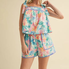 Floral Print Sleeveless Tie Up Tops with Shorts Sleepwear Set