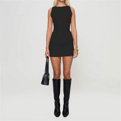 Solid Sleeveless Open Back O-neck Mini Dress