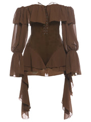 Off-Shoulder Ruffle Long Sleeve Tie Up Bodysuit Frill Mini Dress