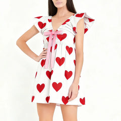 Heart Print Bow Short Sleeve Mini Dress