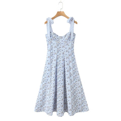 Blue Printed Midi Tie Up Dress