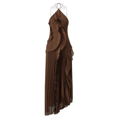 Spaghetti Strap Pleated Irregular Ruffle Desgin Long Dress