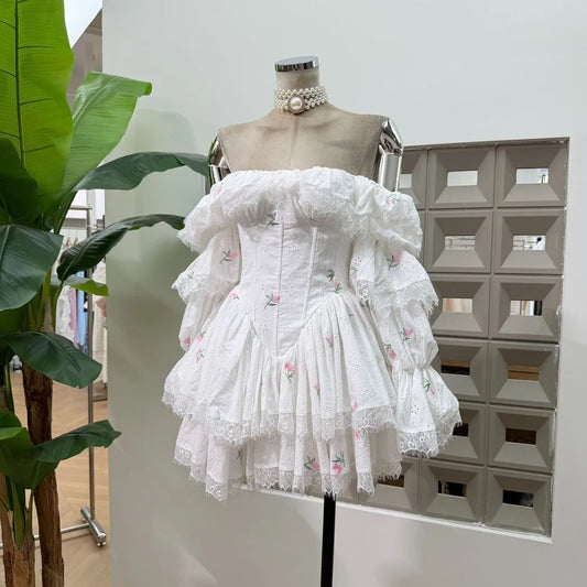 White Square Collar Puff Long Sleeve Lace Trim Floral Embroidered Mini Dress