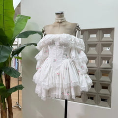 White Square Collar Puff Long Sleeve Lace Trim Floral Embroidered Mini Dress