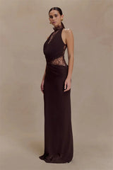 Brown Lace Hollow Out Cowl Maxi Dress
