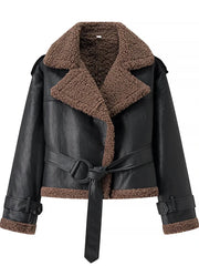 Lapel Belt Fur Lining Faux Leather Jacket