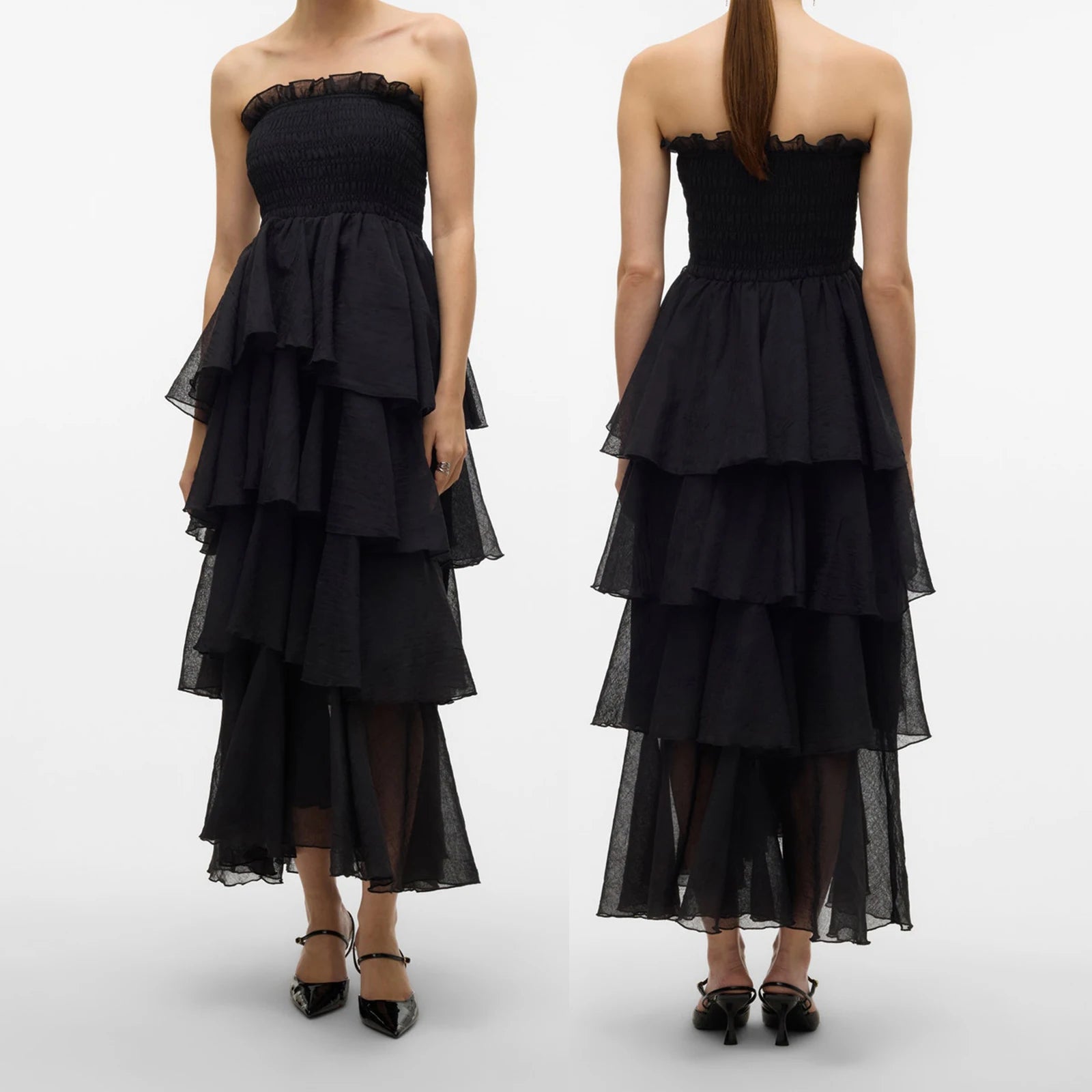 Black strapless dress with layered skirt