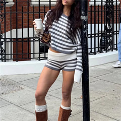 Stripe Knitted Long Sleeve Off-shoulder Pullovers And Shorts Set