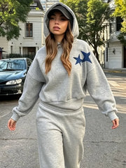 Grey Blue Star Print Hoodie