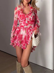 Pink Printed Long Sleeve Ruffled Mini Dress