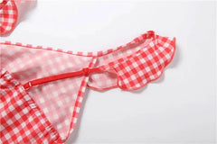 Red Plaid Ruffle V-neck Maxi Dress