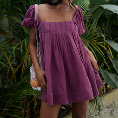 Puff Sleeve Babydoll  Square Neck Tie Back Mini Dress