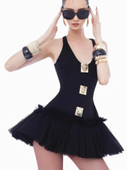 Sleeveless Metal Buckle Mesh Folds Mini Dress