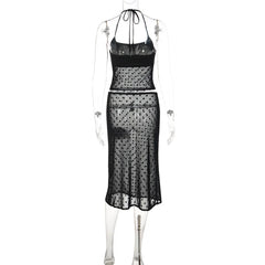Black Mesh Polka Dot Halter Tank Top And Midi Skirt Set