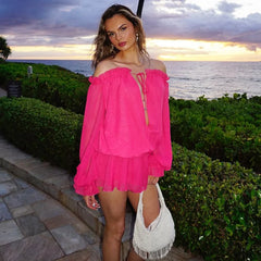 Pink Off-Shoulder Long Sleeve Lace-up Mini Dress