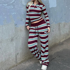 Long Sleeve Lapel Striped Top And Drawstring Pants Sets