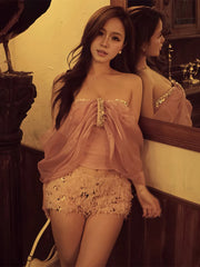 Pink Mesh Sequin Applique Slash Neck Top