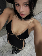 See Through Patchwork Low Neck Sleeveless Mini Dress