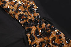 Black Satin Open Back Halter Leopard Sequins Patchwork Maxi Dress